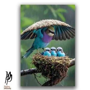 Lilac-Breasted Roller Protecting Its Chicks in the Rain